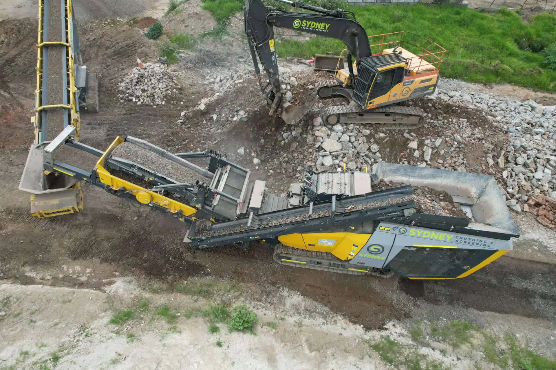 Aerial view of the crusher processing prepared concrete